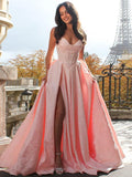 Strapless Jacquard Satin Prom Dresses for Women Corset A Line Long Formal Evening Party Gowns with Slit