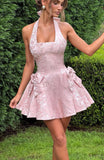 Satin Jacquard Halter Homecoming Dresses with Bow for Teens Mini A-Line Puffy Cocktail Corset Evening Party Gown