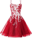 Sparkly Lace Applique Homecoming Dresses for Teens Short Corset Tulle Spaghetti Strap Prom Cocktail Party Dress