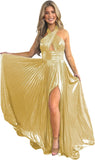 Vestido de fiesta de satén metálico brillante con abertura para mujer, vestido formal de noche plisado con cuello halter 