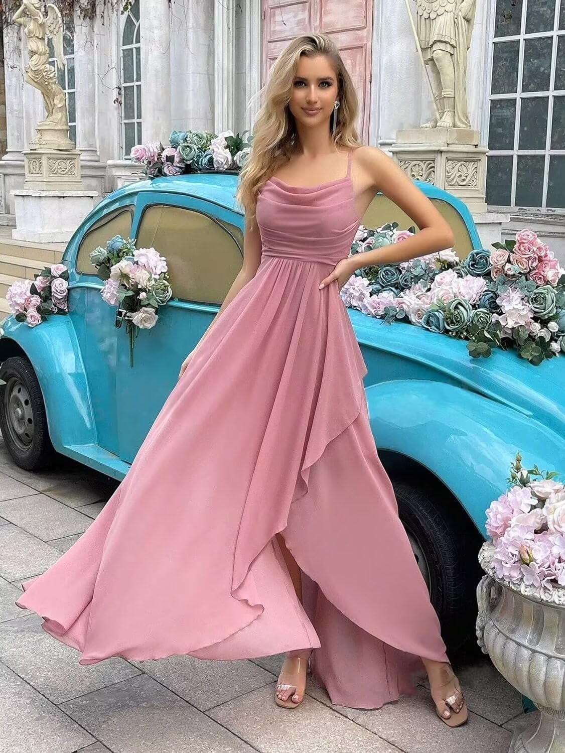 Spaghetti Strap Chiffon Bridesmaid Dresses for Women Long Ruched A-Line Cowl Neck Formal Evening Gowns with Slit