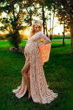 Women's Lace Maternity Dress for Photoshoot Long Puffy Sleeves V Neck Boho Pregnancy Gown for Baby Shower with Slit