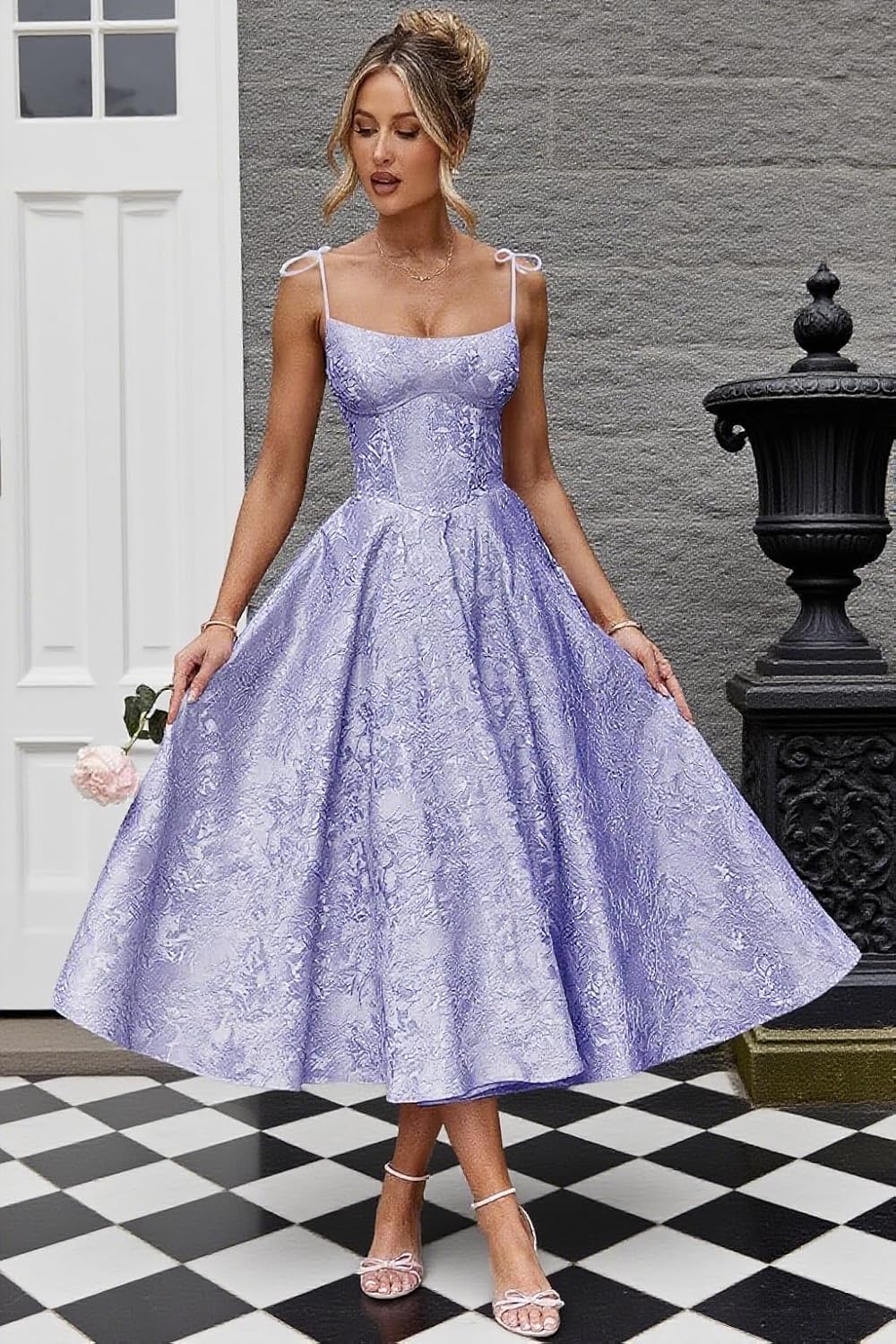 Jacquard Floral Satin Prom Dresses for Women 2026 Spaghetti Straps A-Line Midi Formal Evening Party Gown with Pockets