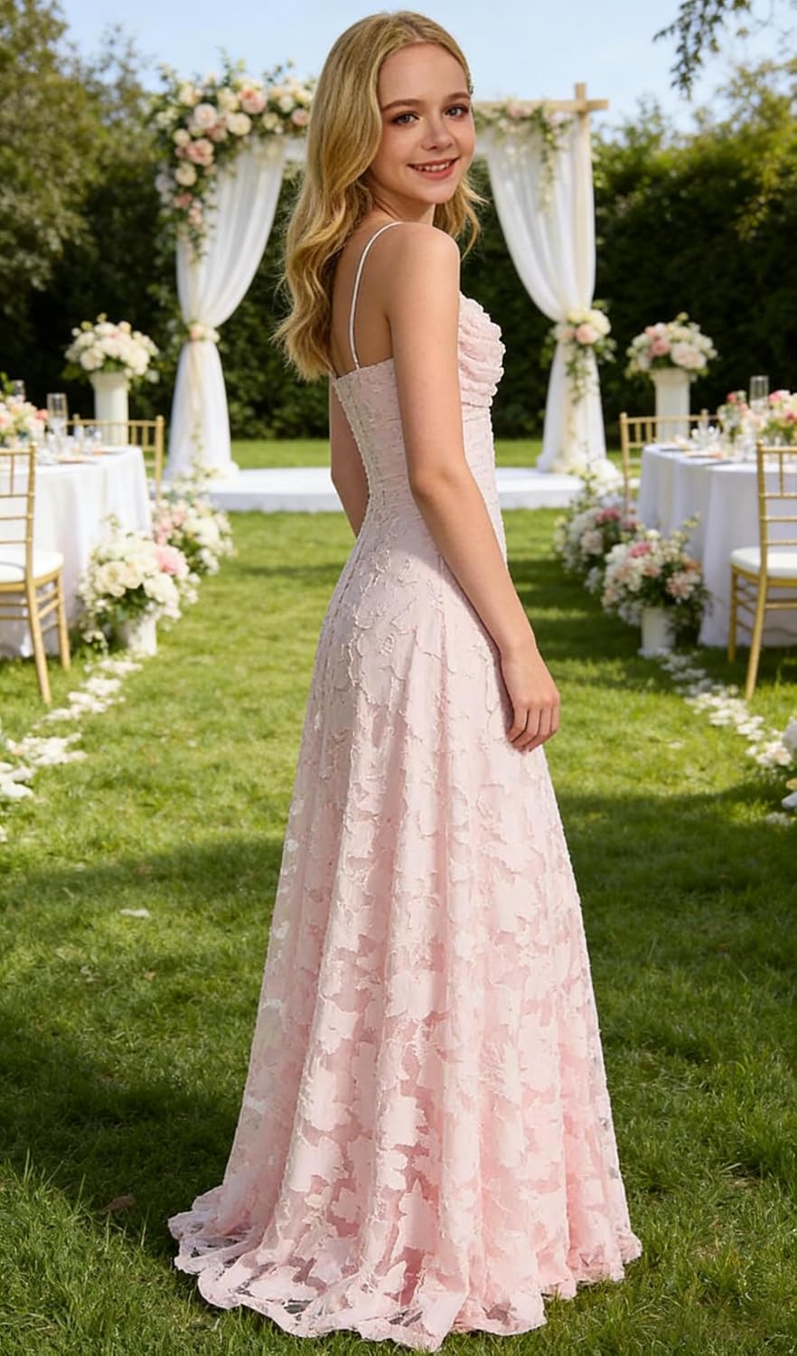 Lace Floral Junior Bridesmaid Dresses Long Spaghetti Strap Prom Dress for Teens Formal Gown Flower Girls Dress