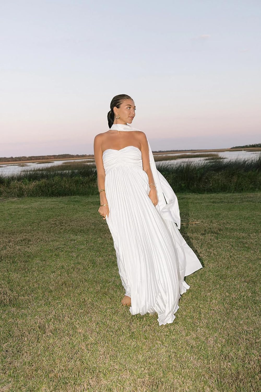 Women's Strapless Chiffon Bridesmaid Dresses with Scarf Long A-Line Pleated Formal Evening Dress