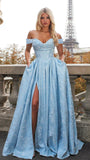 Jacquard Satin Prom Dresses Off the Shoulder Corset A Line Long Formal Gown Sweetheart Neck Party Dress with Slit