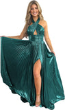 Vestido de fiesta de satén metálico brillante con abertura para mujer, vestido formal de noche plisado con cuello halter 