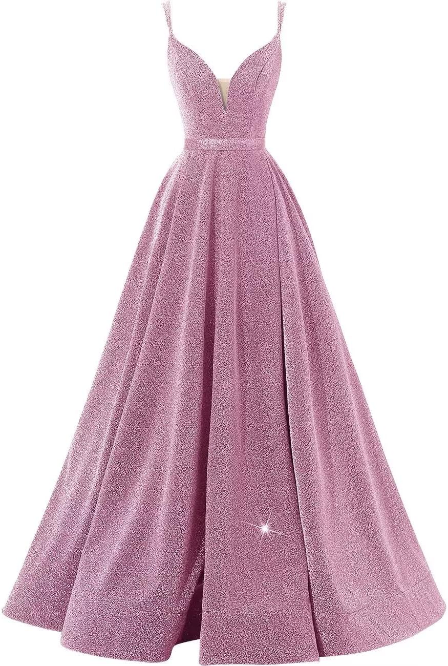 Women's Glittery Spaghetti V-Neck Prom Dresses Long Side Split Formal Evening Gowns