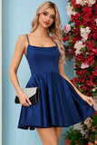 Homecoming Dress Satin Mini for Teens Backless with Pockets Spaghetti Strap Party Cocktail Dress