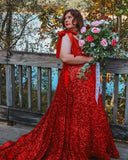 Bow Straps Prom Dresses 2026 Sparkly Sequin Square Neck Ruched Long Puffy Ball Gown Formal Dress with Slit Pockets