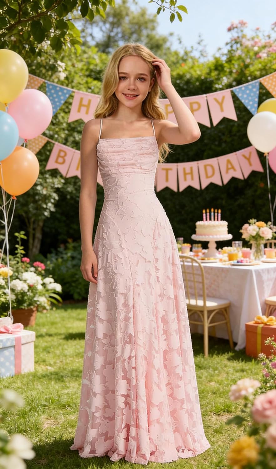 Lace Floral Junior Bridesmaid Dresses Long Spaghetti Strap Prom Dress for Teens Formal Gown Flower Girls Dress