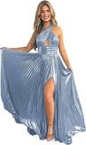 Vestido de fiesta de satén metálico brillante con abertura para mujer, vestido formal de noche plisado con cuello halter 