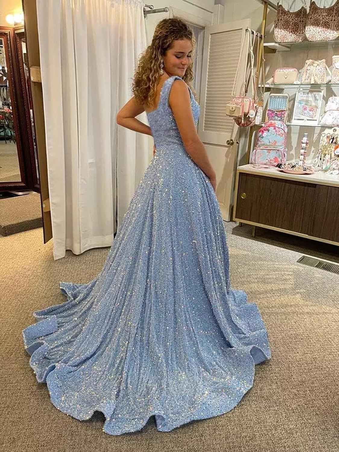 One Shoulder Sequin Prom Dresses for Women Long Sparkly A-Line Slit Formal Evening Party Ball Gowns with Pockets