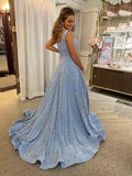 One Shoulder Sequin Prom Dresses for Women Long Sparkly A-Line Slit Formal Evening Party Ball Gowns with Pockets