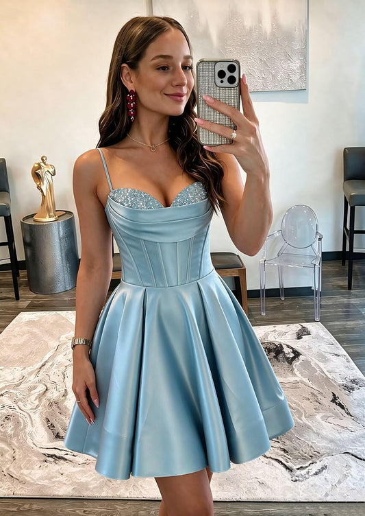 Satin Short Homecoming Dresses Sequin HOCO Dresses Satin Sequin Homecoming Dresses A Line Corset Satin Homecoming Dresses  Sparkly Sequin HOCO Dresses for Teens