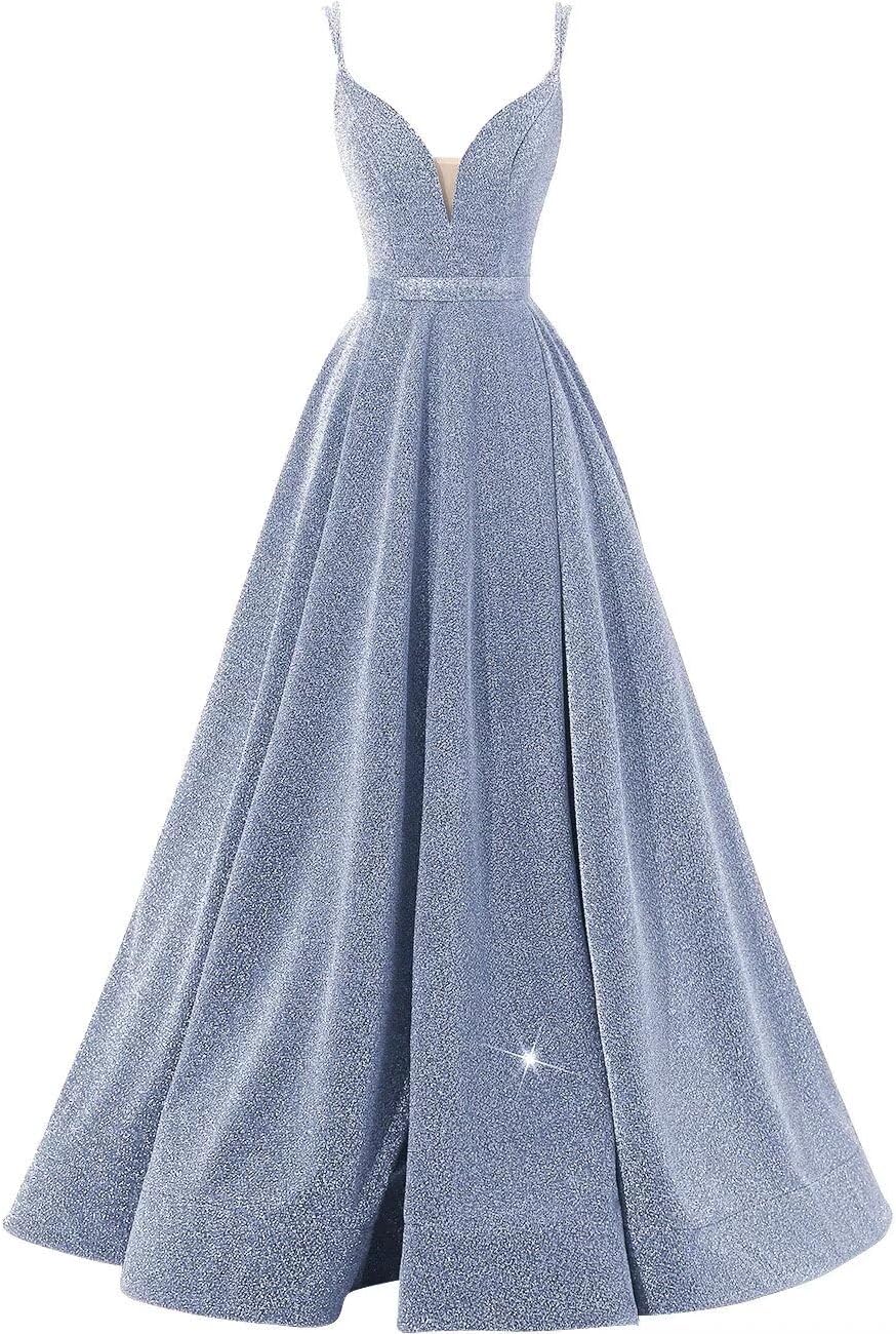 Women's Glittery Spaghetti V-Neck Prom Dresses Long Side Split Formal Evening Gowns