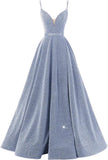 Women's Glittery Spaghetti V-Neck Prom Dresses Long Side Split Formal Evening Gowns