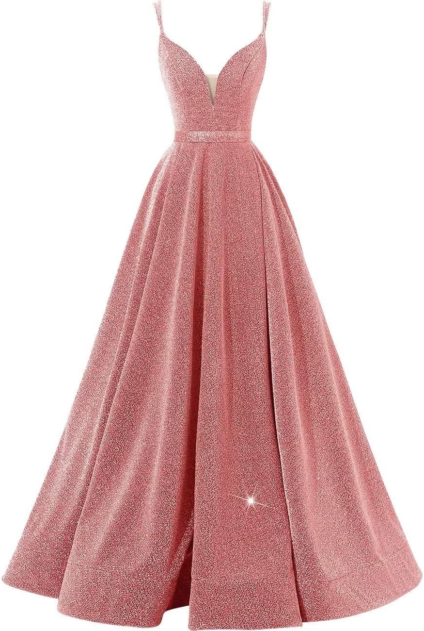 Women's Glittery Spaghetti V-Neck Prom Dresses Long Side Split Formal Evening Gowns