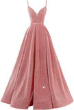 Women's Glittery Spaghetti V-Neck Prom Dresses Long Side Split Formal Evening Gowns