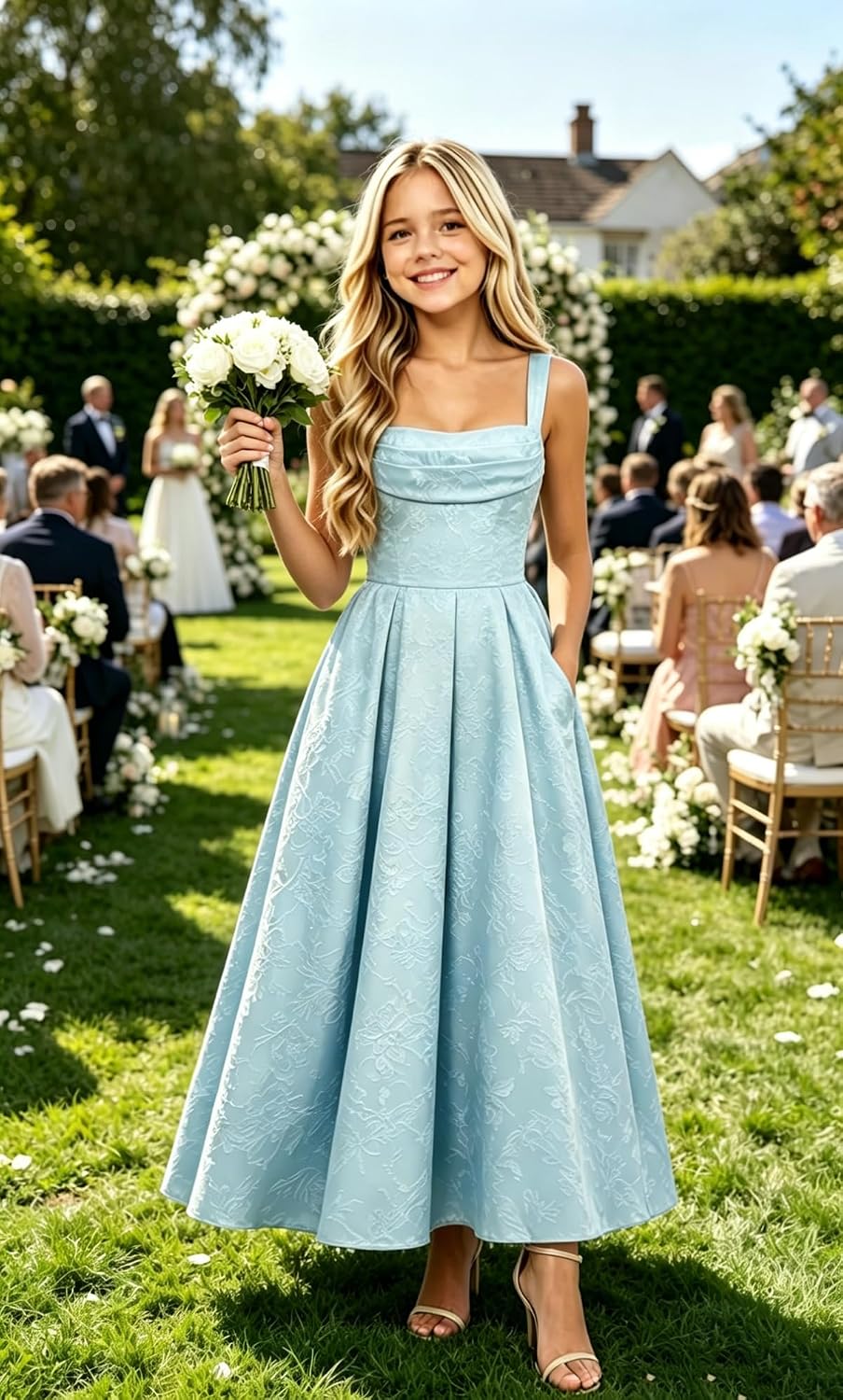 Girls Floral Satin Jacquard Junior Bridesmaid Dresses Long Ruched Flower Girl Dress for Wedding