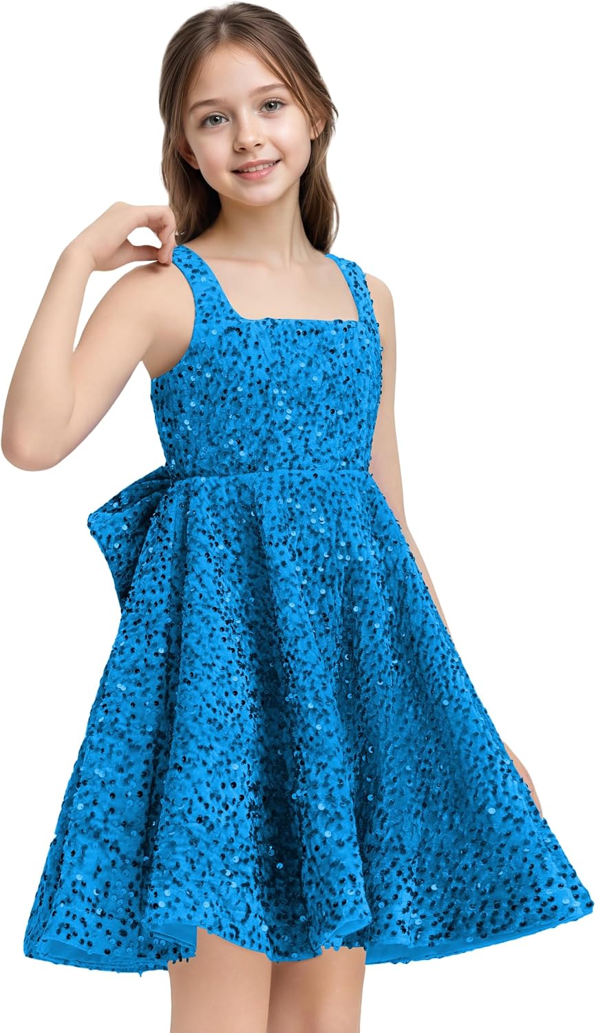 Sequins Flower Girl Dresses Short - Square Neck Princess Pageant Dress Kids A Line Communion Formal Party Gown