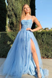 Women's Lace Criss-Cross Prom Dresses with Slit Spaghetti Straps Long Formal Evening Gowns
