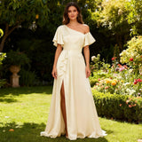 Short Sleeve Satin Bridesmaid Dresses for Women Ruffle One Shoulder Formal Evening Gowns with Slit