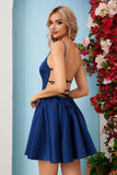Homecoming Dress Satin Mini for Teens Backless with Pockets Spaghetti Strap Party Cocktail Dress