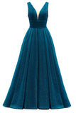Glitter Satin Prom Dresses for Women Long V Neck A-Line Pleated Formal Evening Party Gowns with Pockets
