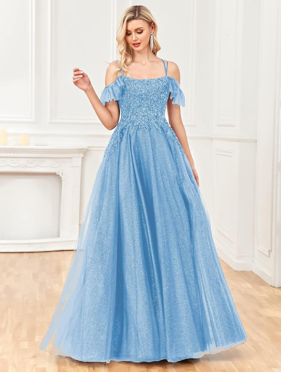 Off Shoulder Tulle Ball Gowns for Women Lace Appliques Beaded Prom Dress Sparkly Long A-line Evening Gowns