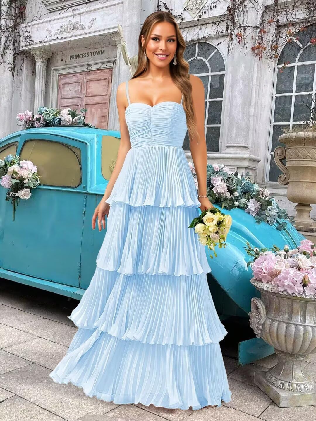 Tiered Ruffle Bridesmaid Dresses for Women Spaghetti Straps Long Chiffon Formal Evening Prom Gowns