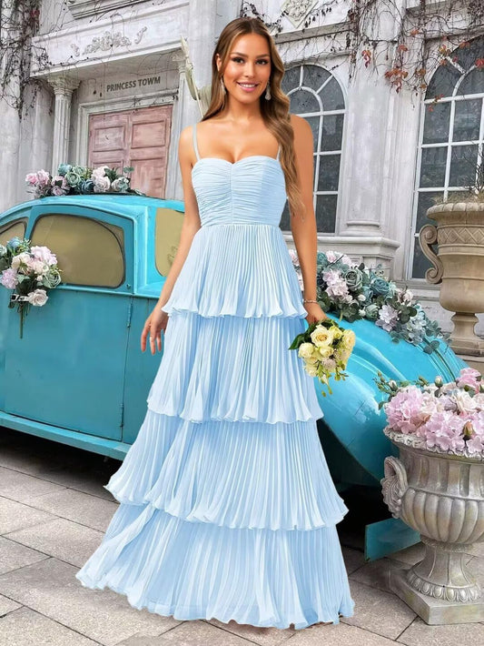 Tiered Ruffle Bridesmaid Dresses for Women Spaghetti Straps Long Chiffon Formal Evening Prom Gowns