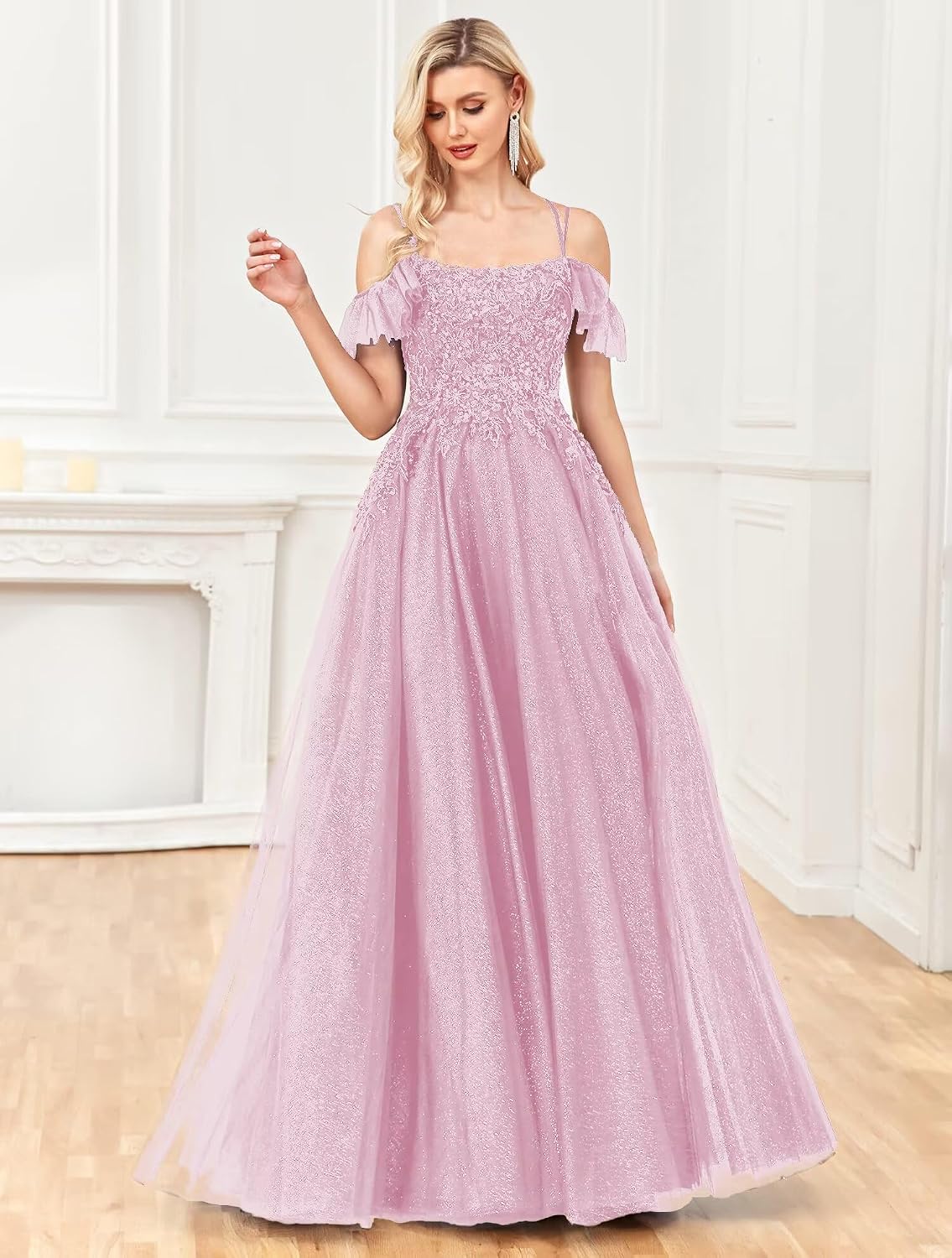 Off Shoulder Tulle Ball Gowns for Women Lace Appliques Beaded Prom Dress Sparkly Long A-line Evening Gowns