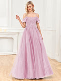 Off Shoulder Tulle Ball Gowns for Women Lace Appliques Beaded Prom Dress Sparkly Long A-line Evening Gowns