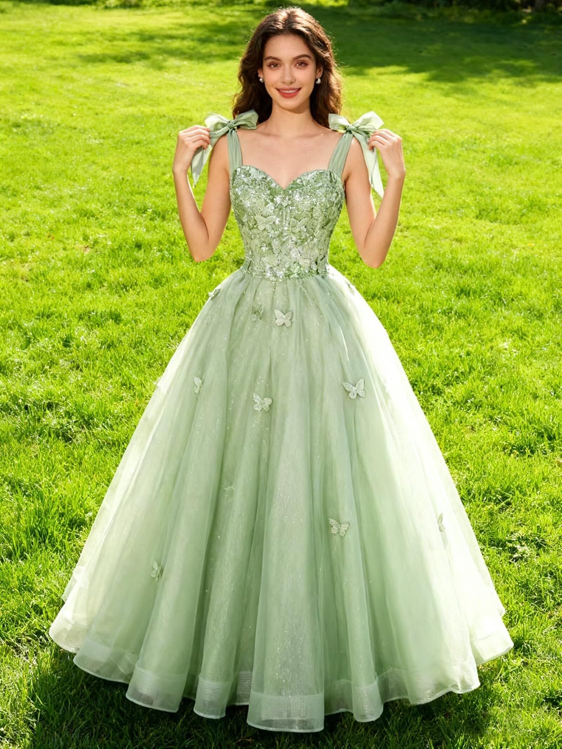 Glitter Tulle Prom Dress for Teens 3D Butterfly Long Ball Gowns Sequin Princess Quinceanera Dresses with Bow