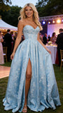 Strapless Prom Dress Jacquard Satin Ball Gown Pleated A Line Long Corset Formal Evening Dresses with Slit Pockets
