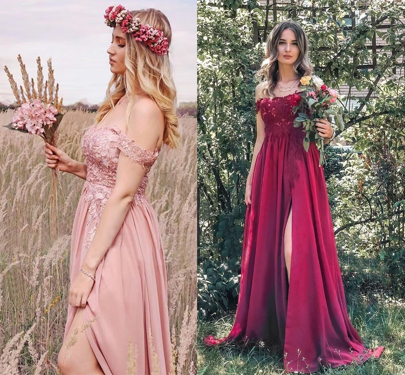 Women's Off The Shoulder Long Prom Dresses with Slit Lace Appliqued Chiffon Formal Party Gowns