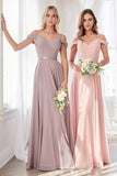 Off The Shoulder Chiffon Bridesmaid Dresses Long Spaghetti Straps A Line Formal Party Dress