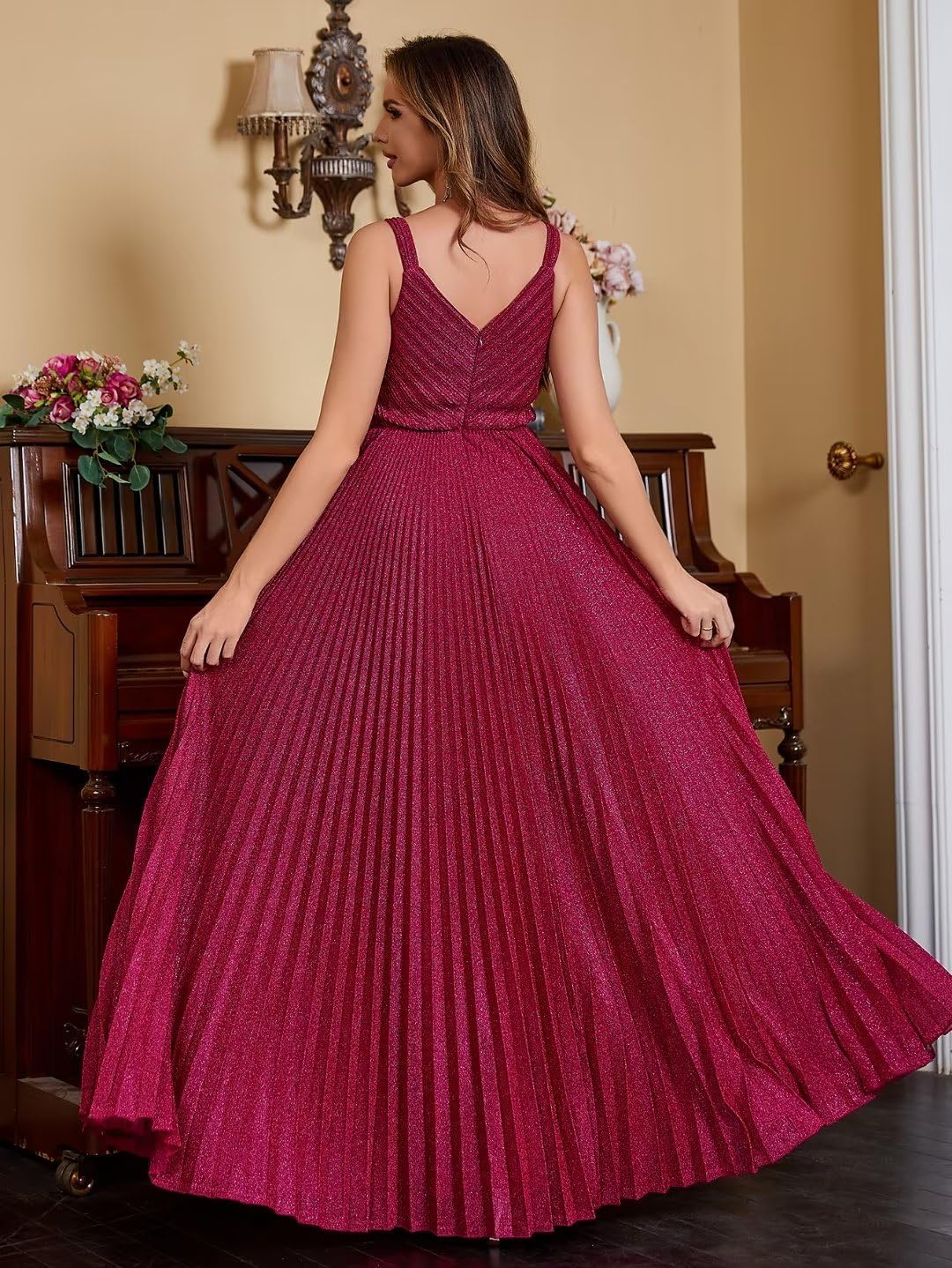 Spaghetti Strap Long Prom Dresses for Women 2026 Ball Gown A Line V-Neck Sparkly Formal Evening Gowns for Wedding