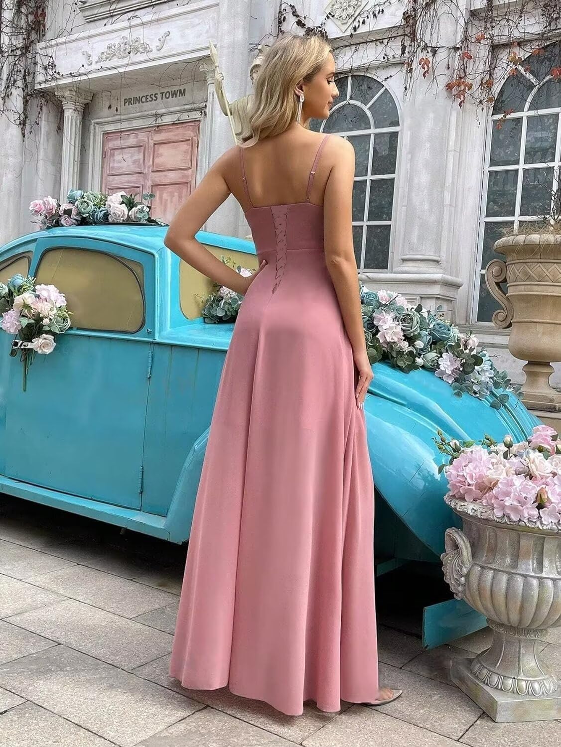 Spaghetti Strap Chiffon Bridesmaid Dresses for Women Long Ruched A-Line Cowl Neck Formal Evening Gowns with Slit