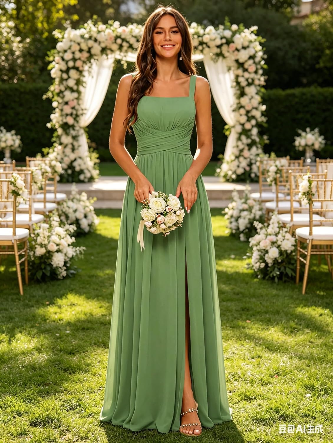 Square Neck Bridesmaid Dress Spaghetti Straps Chiffon Long Formal Dress for Women
