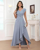 Cap Sleeve Mother of The Bride Dresses Chiffon V Neck Beaded Ruffles A Line Long Formal Evening Dress
