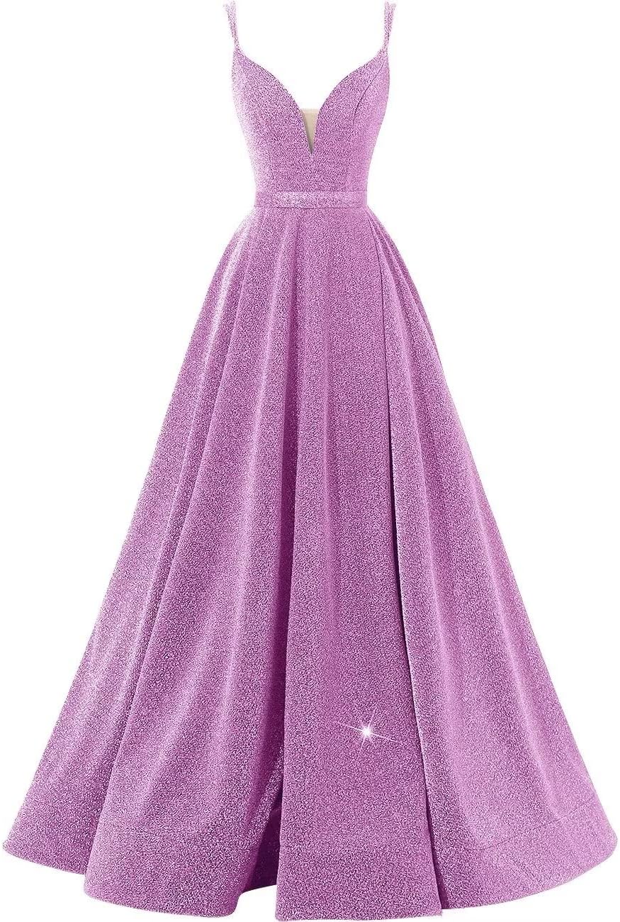 Women's Glittery Spaghetti V-Neck Prom Dresses Long Side Split Formal Evening Gowns