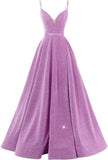 Women's Glittery Spaghetti V-Neck Prom Dresses Long Side Split Formal Evening Gowns