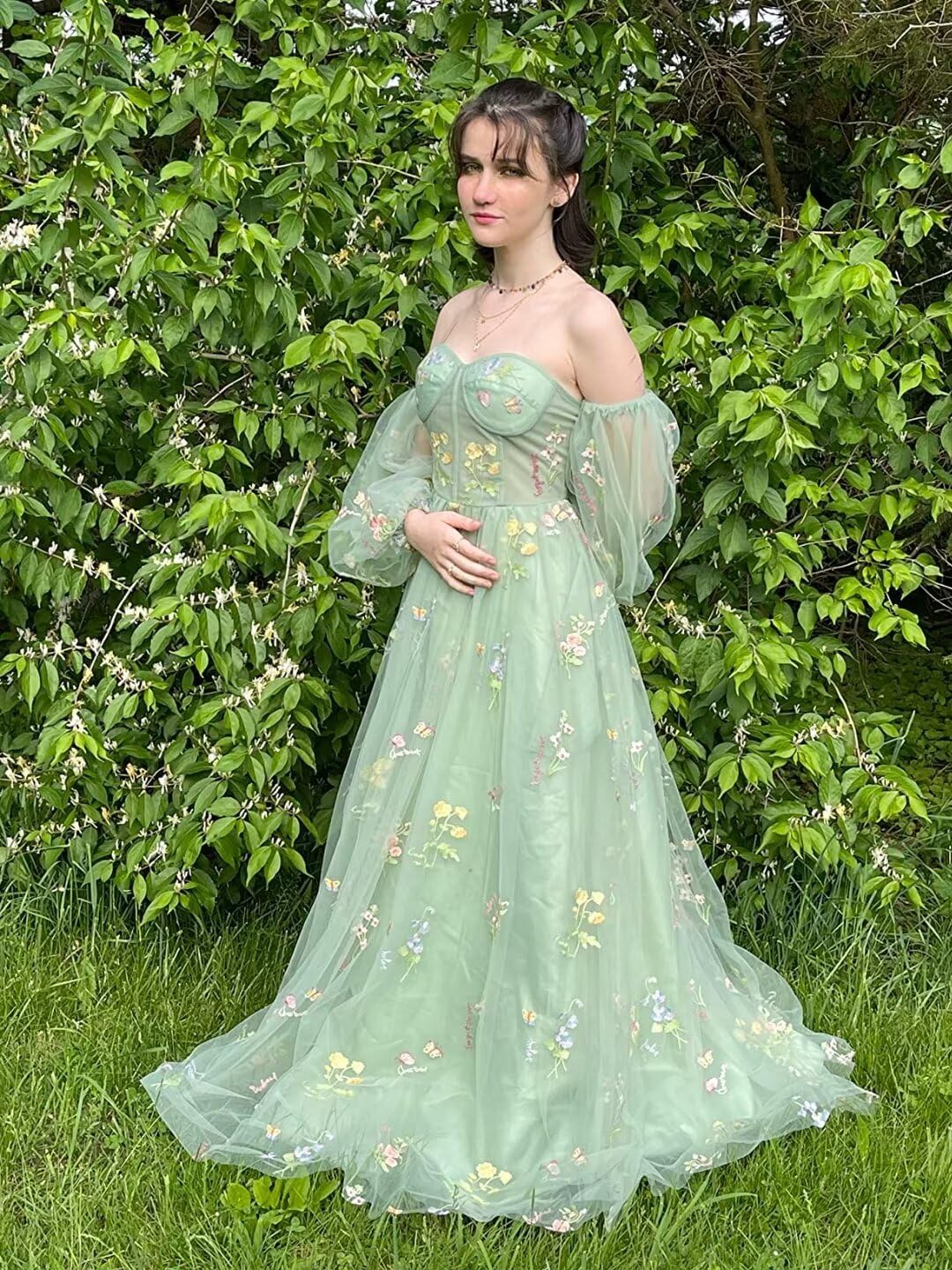 Vestidos de fiesta de tul con bordado de flores para mujer, 2024, largos, con hombros descubiertos, formales, para noche 