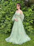 Vestidos de fiesta de tul con bordado de flores para mujer, 2024, largos, con hombros descubiertos, formales, para noche 