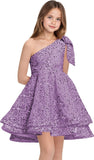 Sequins Flower Girl Dresses Short - One Shoulder Princess Pageant Dress Kids A Line Communion Formal Party Gown