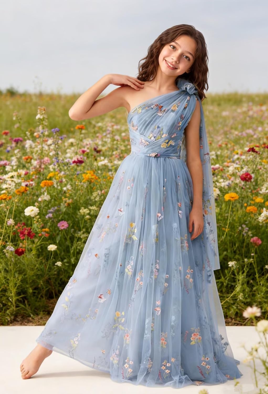One Shoulder Long Tulle Junior Bridesmaid Dresses for Wedding Flower Girl Dress Formal Prom Gown