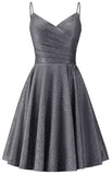 V Neck Homecoming Dresses for Teens Short Glitter Spaghetti Straps Prom Dress Formal Evening Party Gown with Pockets