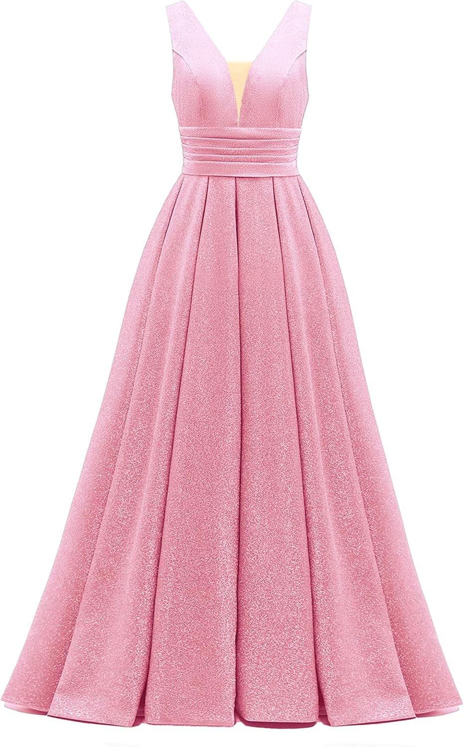 Glitter Satin Prom Dresses for Women Long V Neck A-Line Pleated Formal Evening Party Gowns with Pockets